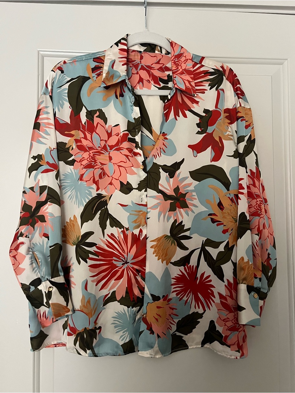 Zara Floral Button-Down Blouse in Cream, Coral, Sky Blue and Olive